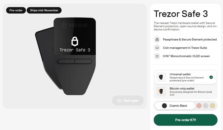 الصفحة الرئيسية لمحفظة Trezor Safe 3 تحتوي على شكل الجهاز ومواصفاته وزر الشراء مُسبقاً