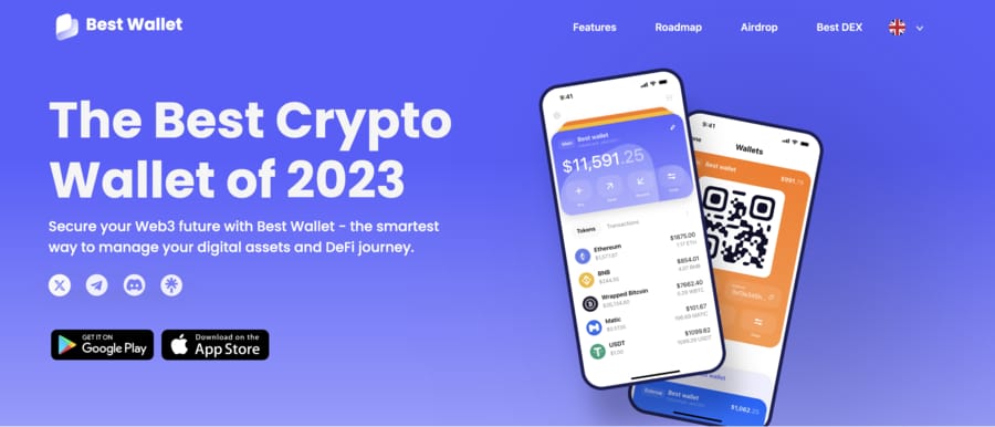 هاتفان محمولان عليهما واجهة تطبيق محفظة Best Wallet وأزرار لتنزيل التطبيق ومشاركته
