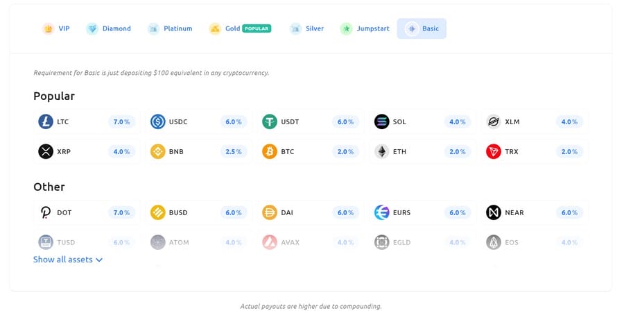 عرض لعدد من العملات الرقمية ونسب العائد السنوي عليها في تطبيق محفظة YouHodler