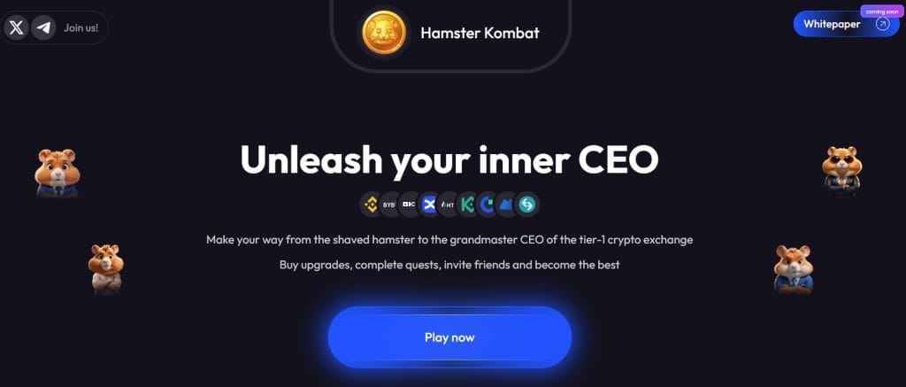 صفحة بدء اللعب في لعبة كومبات هامستر وتظهر صور صغيرة متعددة لحيوان الهامستر وكتابات وزر بدء اللعب