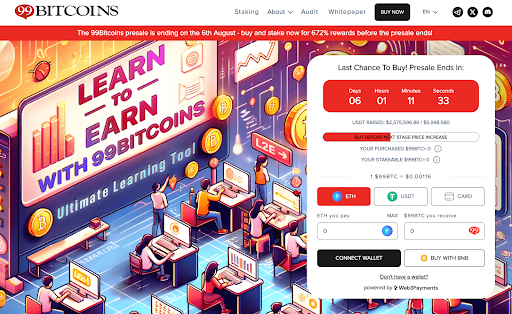 واجهة اكتتاب 99Bitcoins وفي الخلفية طلاب أمام حواسيبهم في غرفة تعليمية وسط بيانات ومخططات بيانية