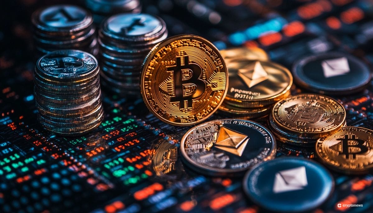 عملات معدنية تحمل شعار أصول رقمية على دارة إلكترونية