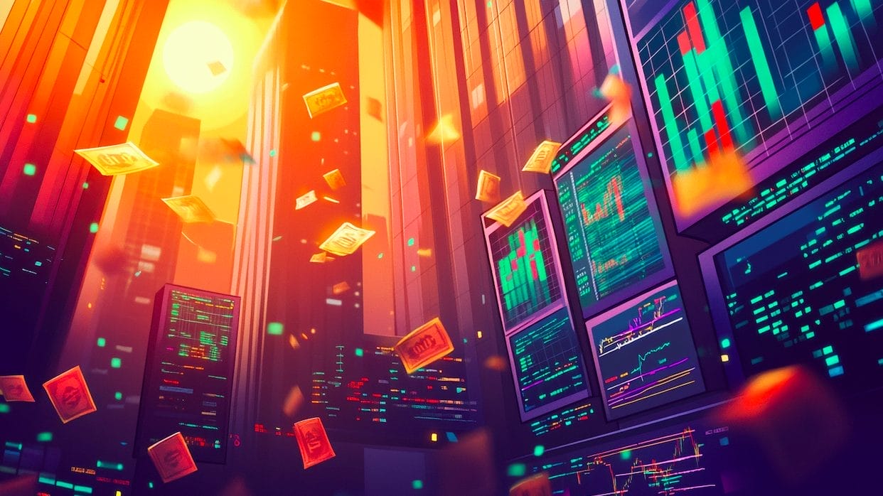 أوراق نقدية تتطاير في شارع يضم مبانٍ وشاشات عليها مخططات بيانية