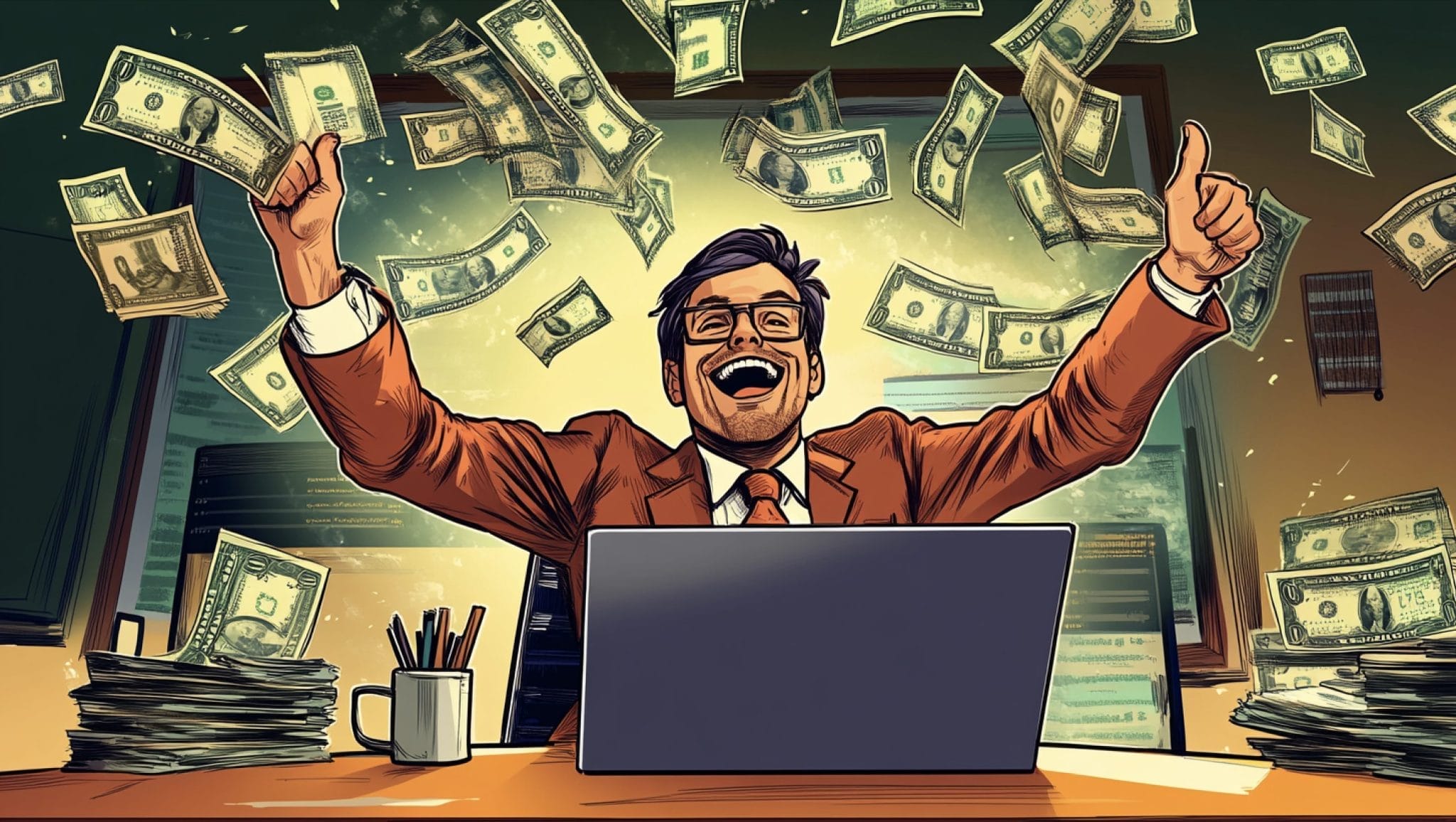 رجل يرفع يده فرحاً ومن حوله دولارات متطايرة