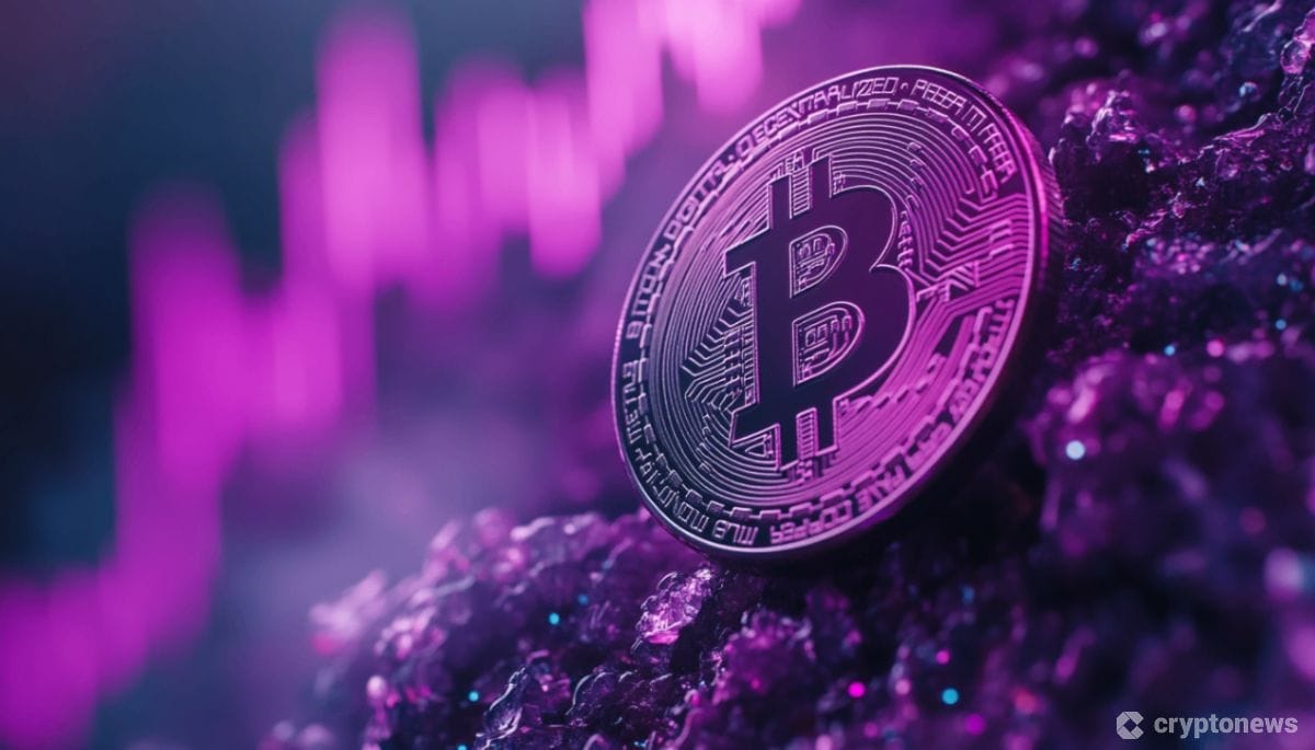 عملة بيتكوين معدنية تجلس على صخرة لامعة وكلاهما تحت إضاءة بنفسجية