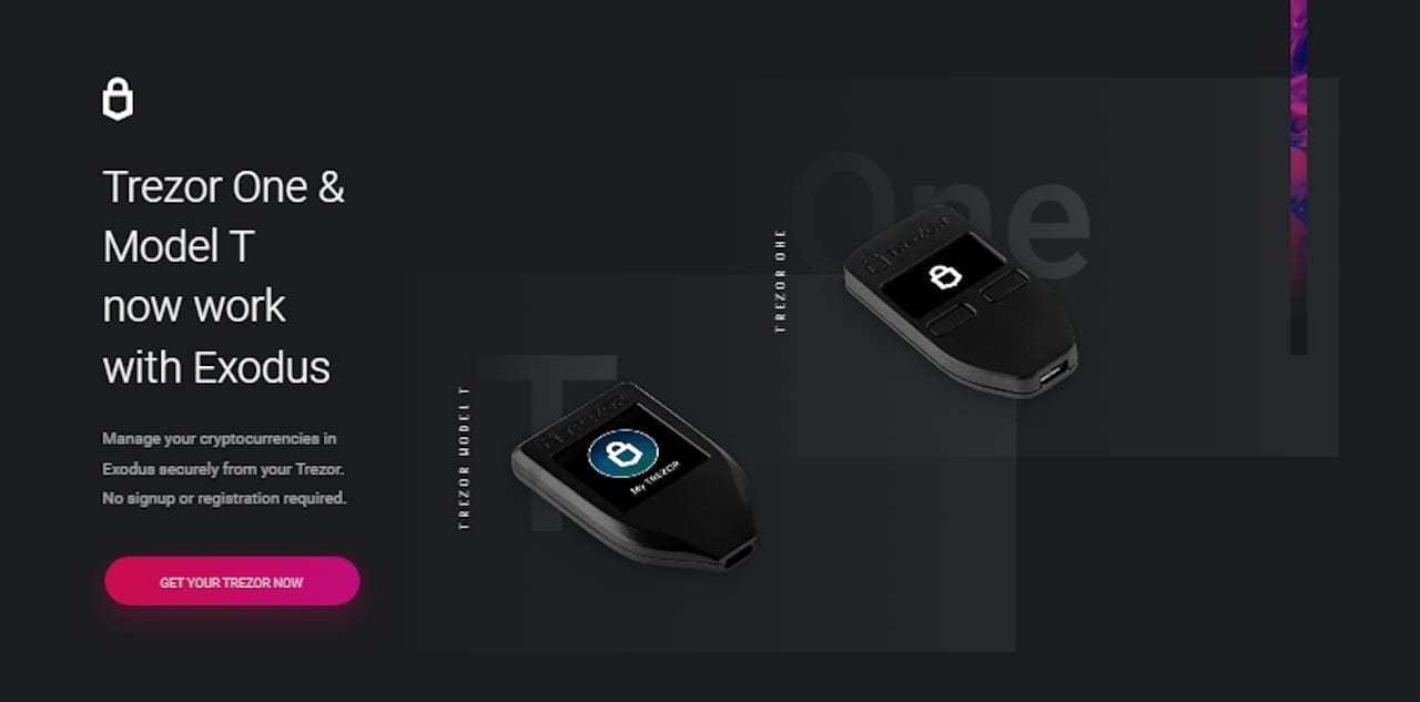 إعلان ترويجي للتعاون بين Exodus وTrezor يظهر فيه جهازا Trezor One وTrezor Model T وزر الشراء