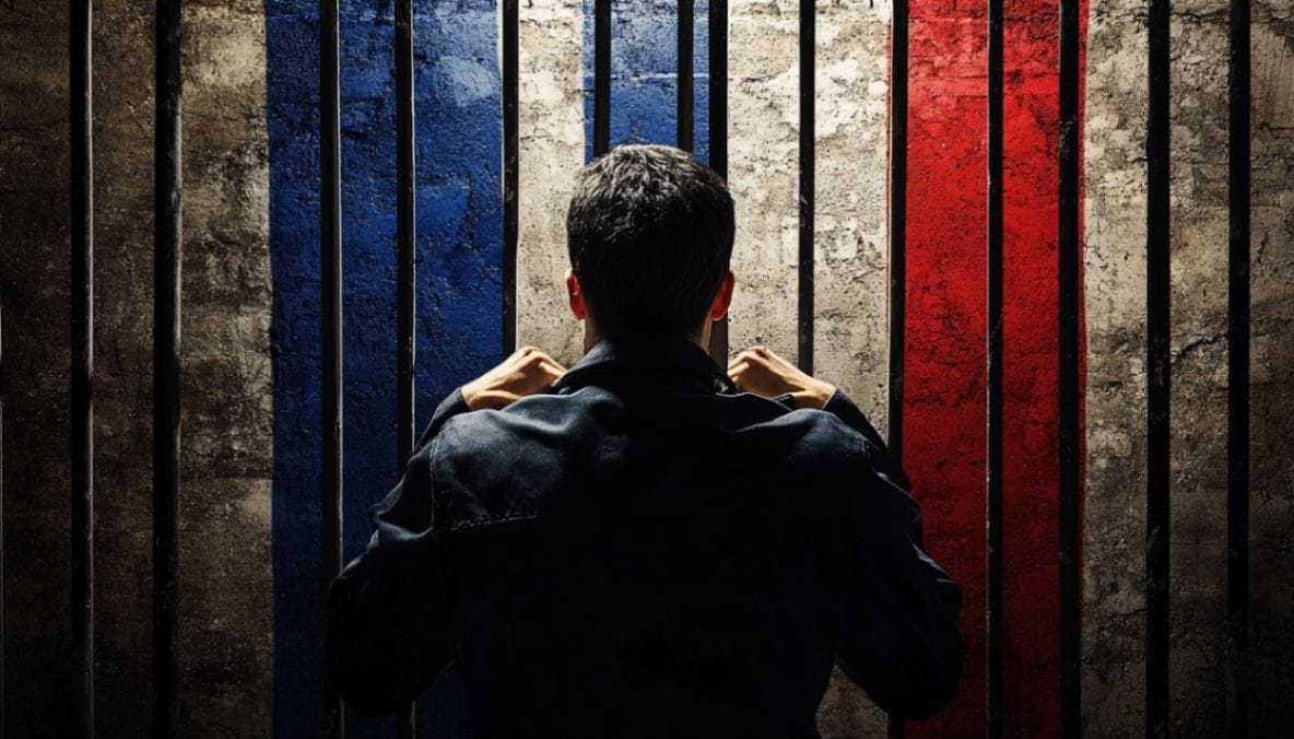 شخص مجهول الهوية وراء القضبان وأمامه ألوان العلم الفرنسي
