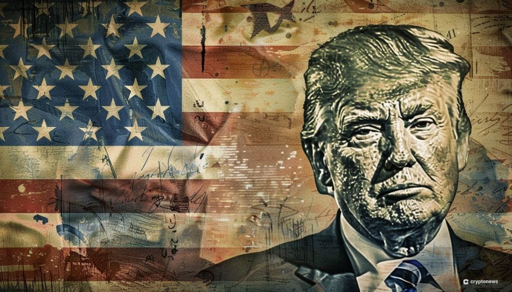 دونالد ترامب في حلة رسمية وفي الخلفية علم الولايات المتحدة