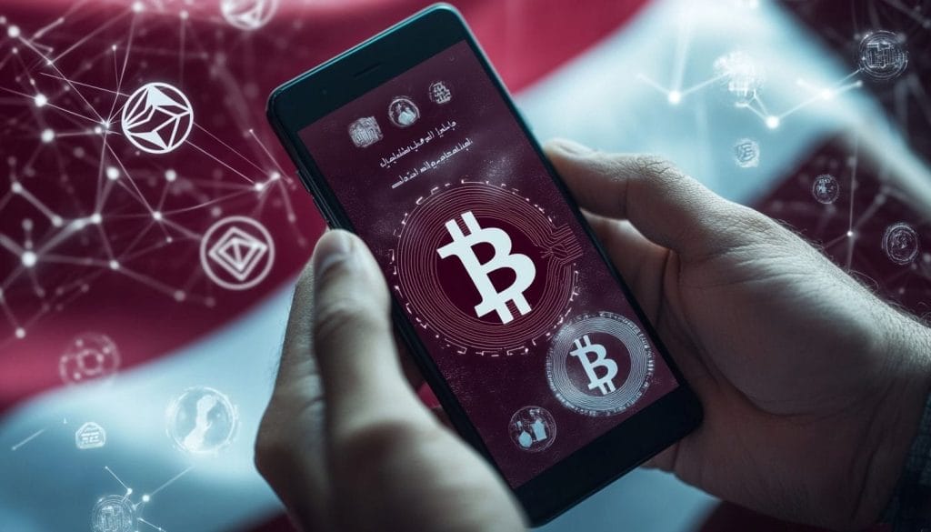 يدان تمسك هاتفاً على شاشته شعار بيتكوين وفي الخلفية العلم القطري