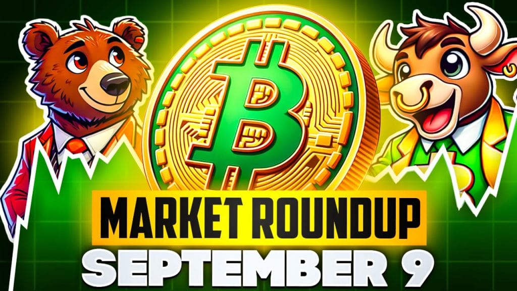 عملة ذهبية تحمل شعار بيتكوين تتوسط ثوراً ودباً وأدناها عبارة تحديث السوق بتاريخ 09 أيلول/سبتمبر