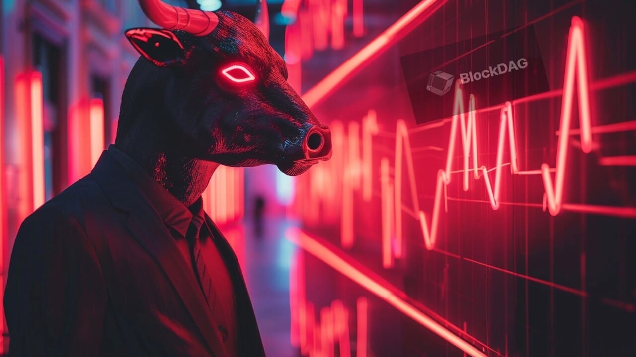 ثور بعينين تضيئان باللون الأحمر يرتدي بذلة وينظر إلى شاشة عليها مخطط بياني وشعار BlockDAG