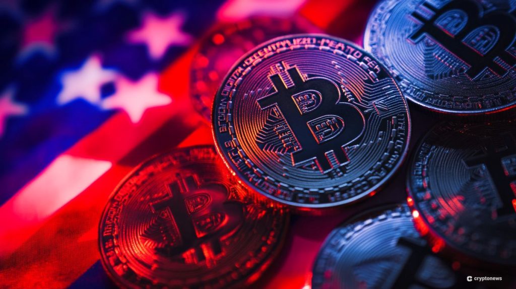 عملات بيتكوين على العلم الأمريكي تحت إضاءة حمراء وزرقاء بلون العلم