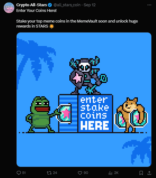 منشور على منصة X لدعوة المستثمرين لرهن عملاتهم على منصة MemeVault