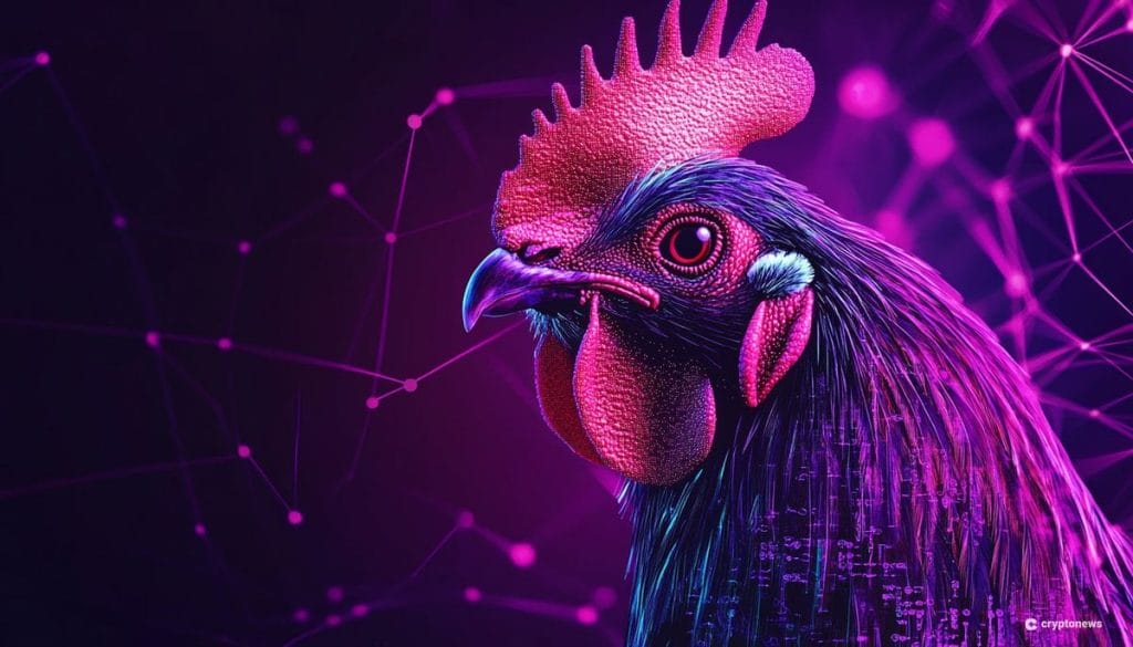 رأس ديك بلون أسود أرجواني وفي الخلفية دارات إلكترونية