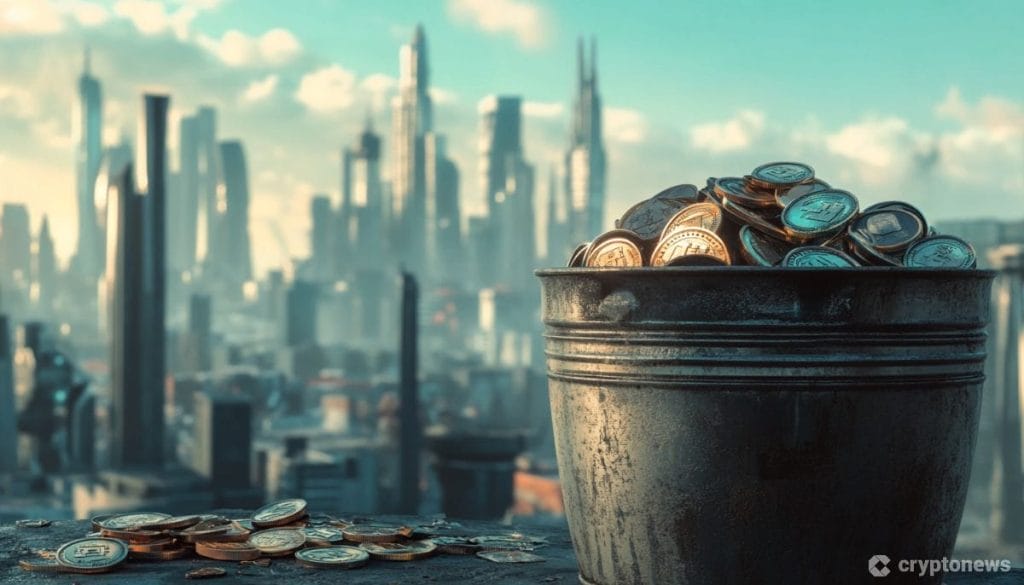 إناء مليء بمجسمات معدنية لعملات رقمية، وفي الخلفية مدينة مستقبلية تتألق بأبراجها الشاهقة