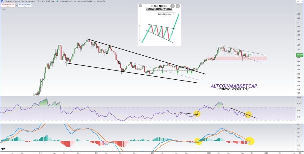 مخطط بياني أسبوعي لمؤشر TOTAL2 يظهر تشكيله نمط الوتد الفني الهابط المتسع