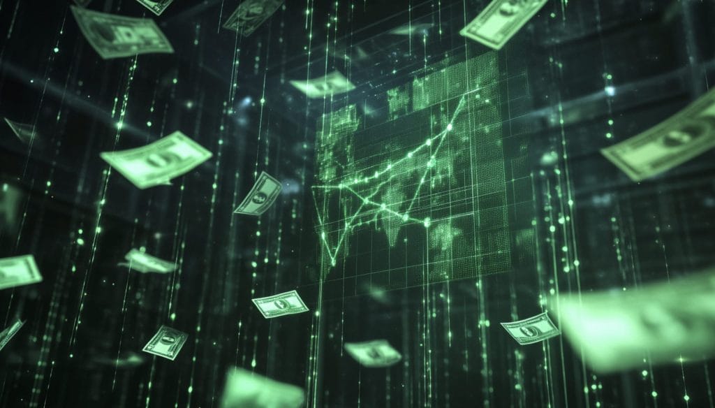 خلفية هولوجرامية خضراء تظهر فيها دولارات متطايرة