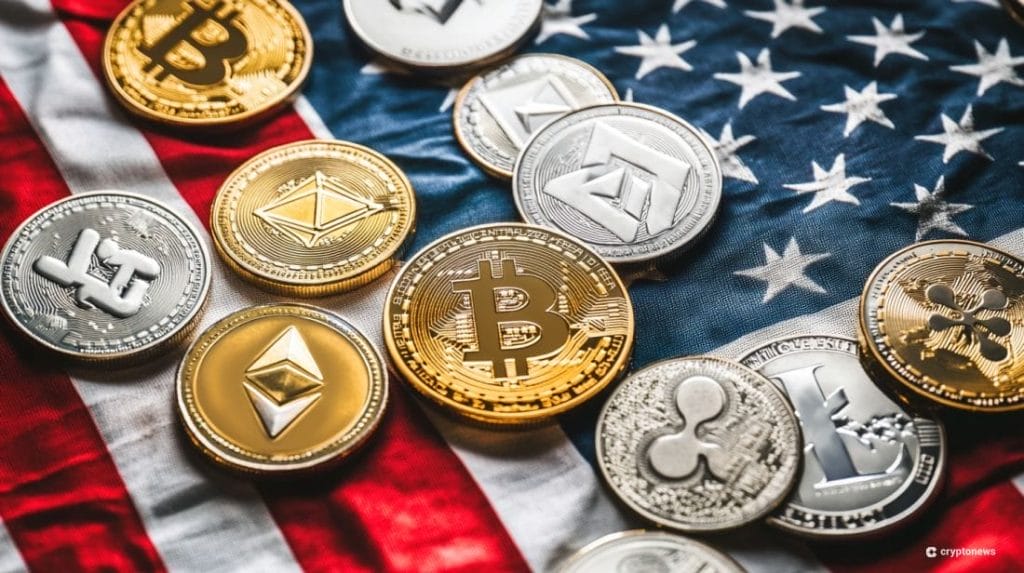 علم الولايات المتحدة وعليه مجموعة من العملات المعدنية عليها شعارات بيتكوين وإيثيريوم وغيرها