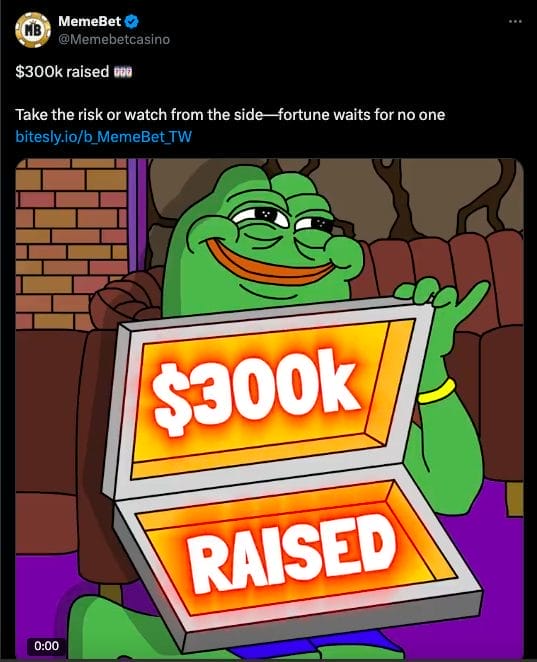 منشور على منصة X يحتفي ببلوغ اكتتاب عملة MEMEBET علامة 300,000$