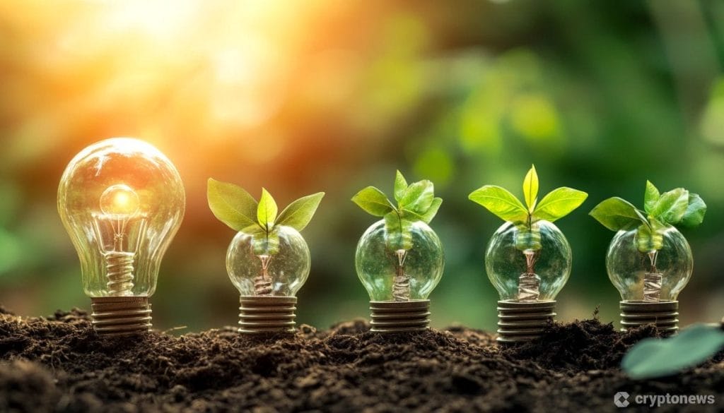 خمسة مصابيح كهربائية في تربة طينية أحدها مضاء والبقية تخرج منها نبتات متفتحة