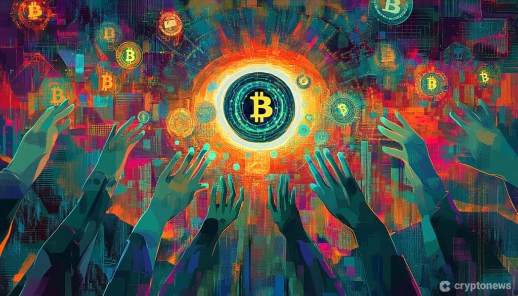 أيدي ممدودة نحو مجسم كبير لعملة بيتكوين تحيط به أضواء ومجسمات أخرى أصغر