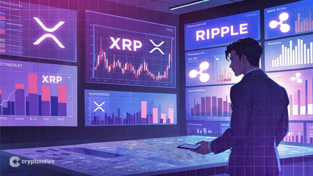 شاب أمام شاشات يظهر فيها شعار عملة XRP ومخططات بيانية للسعر