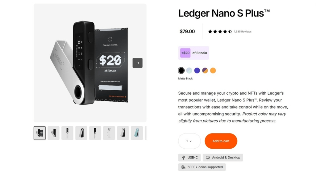 واجهة شراء محفظة Ledger Nano S Plus توضح تصميم الجهاز ومواصفاته
