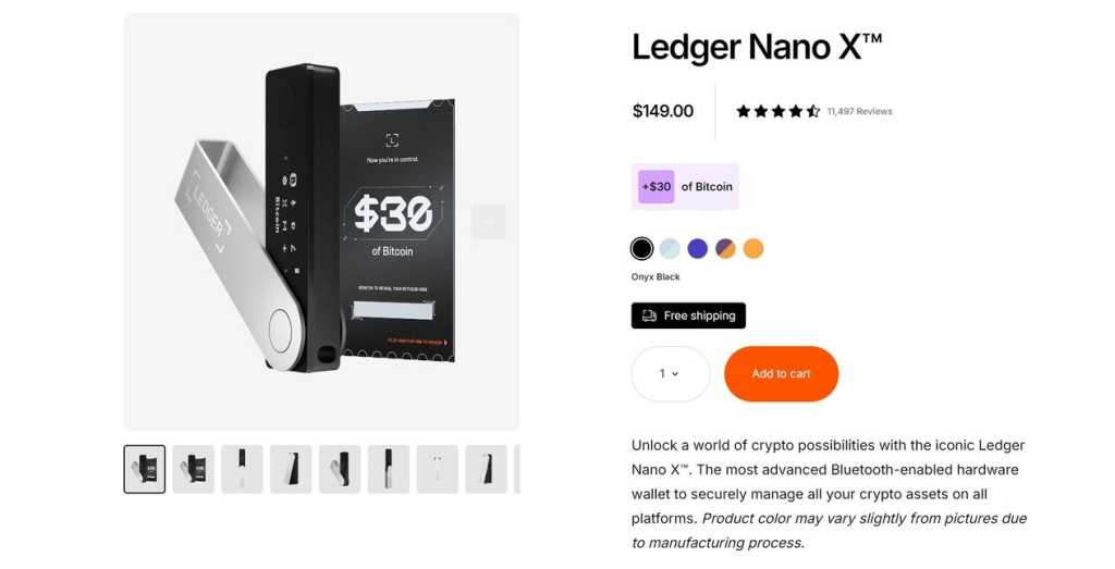 واجهة شراء محفظة Ledger Nano X توضح تصميم الجهاز ومواصفاته