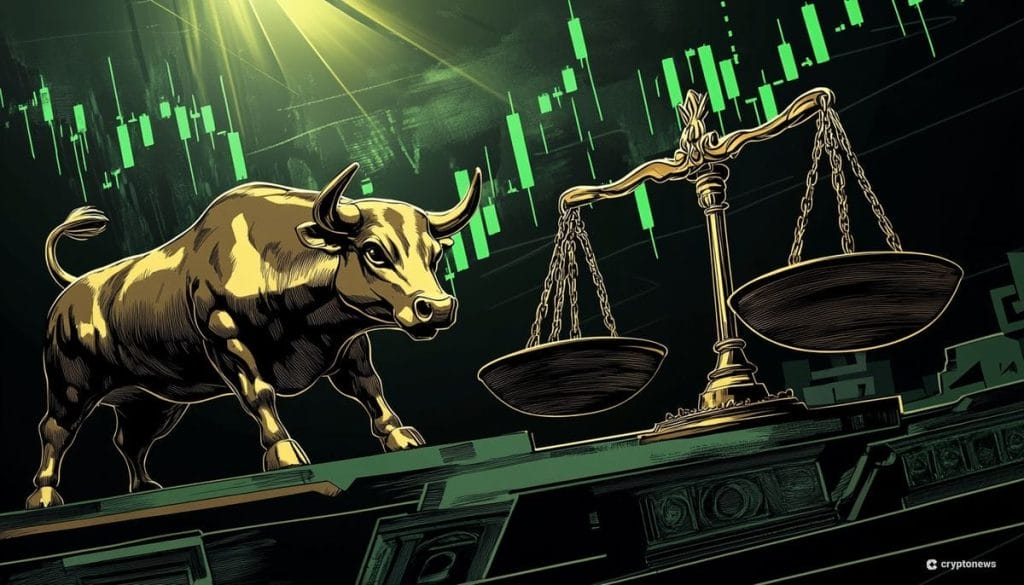 ثور ذهبي وميزان المحكمة أمام شمعات تداول