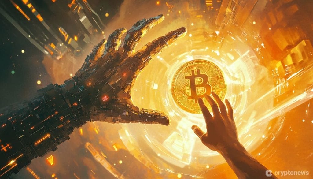 ذراع بشرية وذراع آلية تمتدان نحو عملة بيتكوين ذهبية محاطة بتوهّج شديد