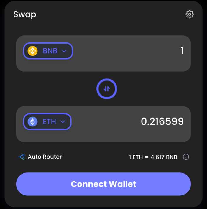 نموذج مبادلة عملة BNB بـ ETH ضمن محفظة Best Wallet