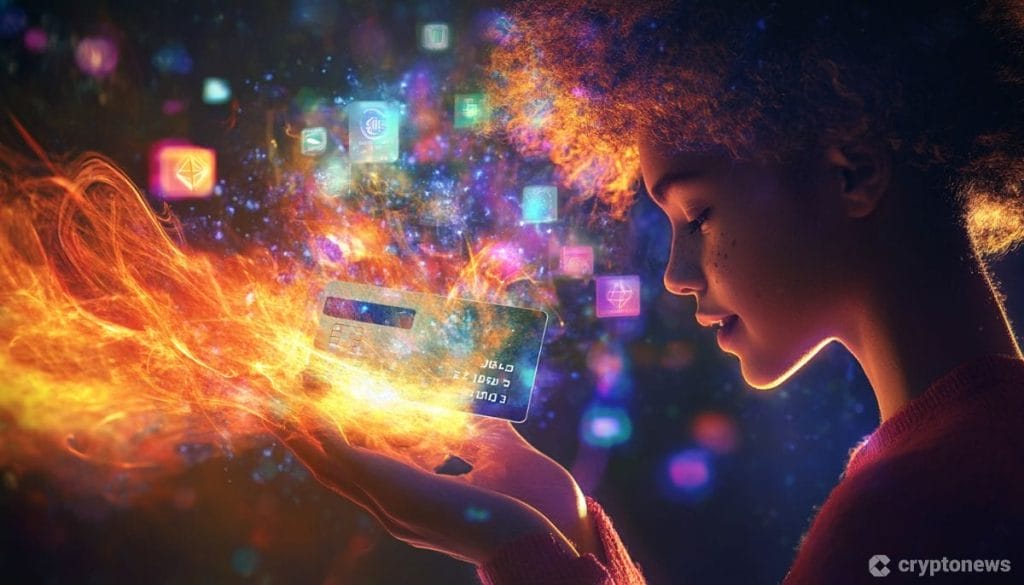 شابة تحمل بين يديها بطاقة مصرفية متوهجة تحيط بها مجسمات لعملات رقمية