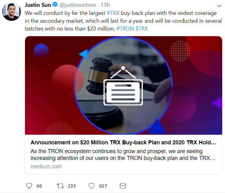 Justin Sun TRX buyback announcement