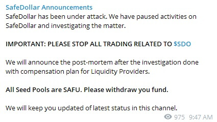 “SafeDollar has been under attack." Image: Telegram