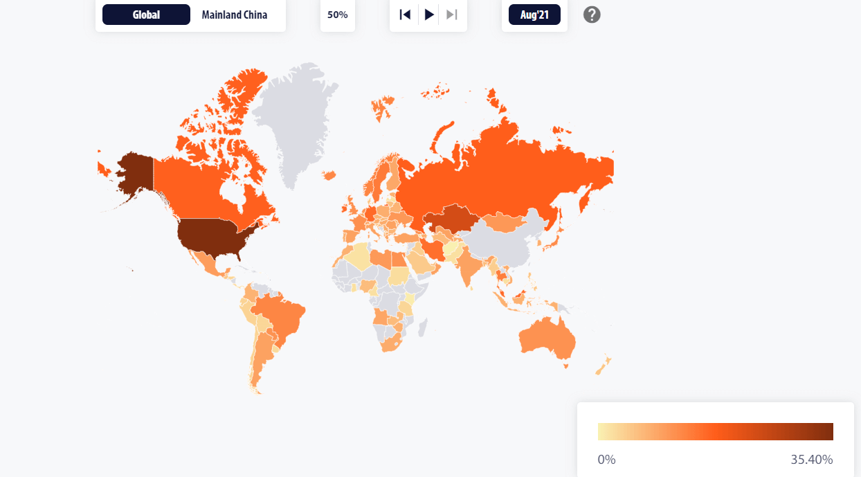 Map of Bitcoin mining as of august 2021