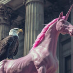 A bald eagle perched on a pink unicorn statue is shown in front of government-style columns, symbolizing U.S. regulatory attention on Uniswap and DAOs - Cover art/illustration via CryptoSlate. Image includes combined content which may include AI-generated content