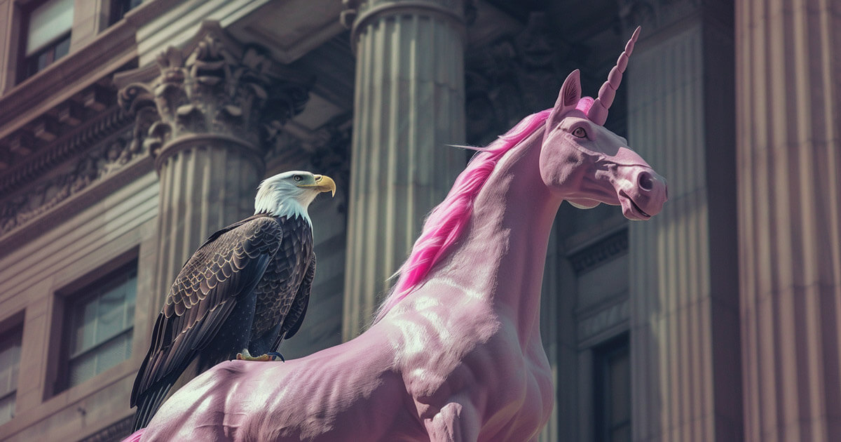 A bald eagle perched on a pink unicorn statue is shown in front of government-style columns, symbolizing U.S. regulatory attention on Uniswap and DAOs - Cover art/illustration via CryptoSlate. Image includes combined content which may include AI-generated content