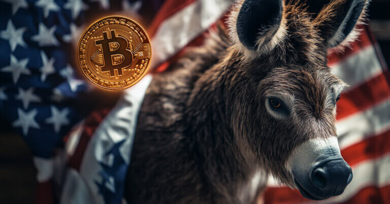 A donkey stands in front of the U.S. flag with a glowing Bitcoin symbol, symbolizing Democratic lawmakers unveiling a crypto market framework - Cover art/illustration via CryptoSlate