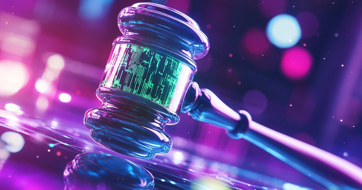 A digital gavel with glowing circuitry symbolizes Eliza Labs’ antitrust lawsuit against X over alleged AI agent monopolization - Cover art/illustration via CryptoSlate. Image includes combined content which may include AI-generated content