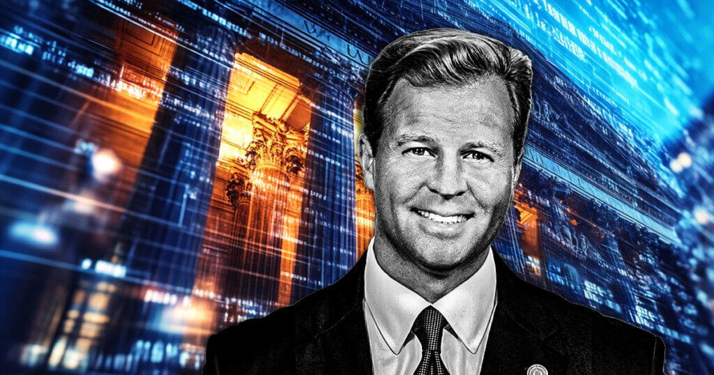 Trump’s CFTC chair nominee Brian Quintenz against a backdrop of financial architecture and digital overlays - Cover art/illustration via CryptoSlate