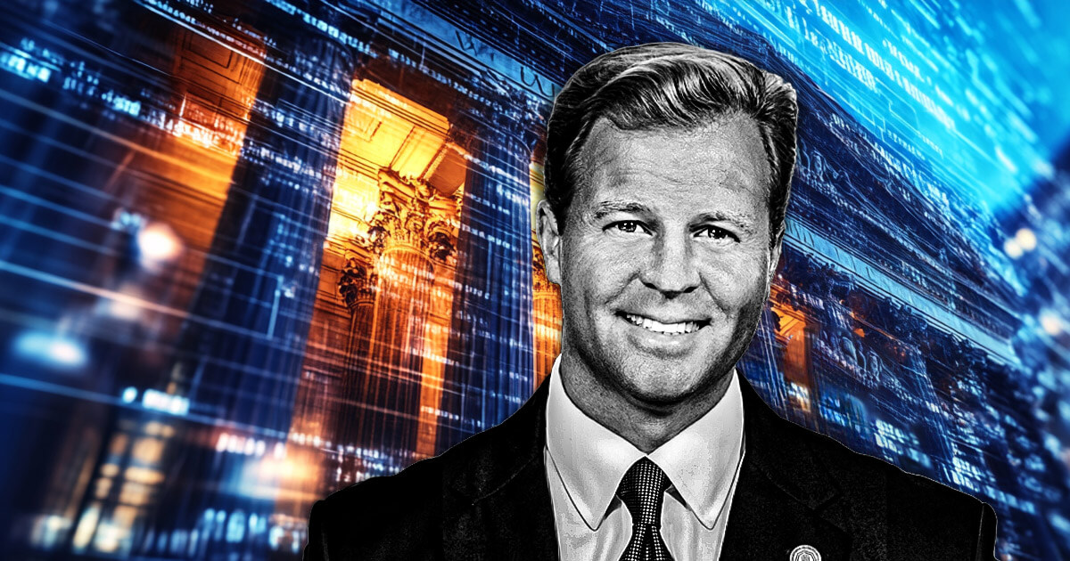Trump’s CFTC chair nominee Brian Quintenz against a backdrop of financial architecture and digital overlays - Cover art/illustration via CryptoSlate