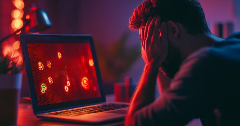 A man sits stressed in front of a laptop displaying red crypto market symbols, symbolizing heavy digital asset losses - Cover art/illustration via CryptoSlate. Image includes combined content which may include AI-generated content