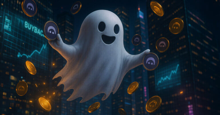 A glowing ghost-like figure represents Aave, surrounded by digital coins and financial charts, symbolizing its record $41.1 billion TVL milestone - Cover art/illustration via CryptoSlate. Image includes combined content which may include AI-generated content