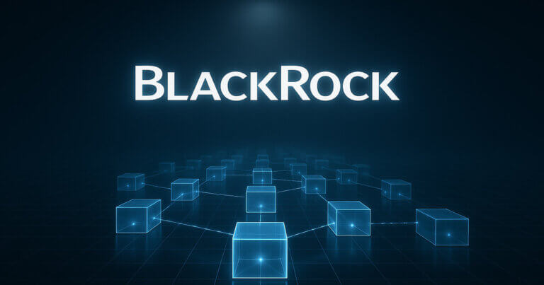 A digital illustration shows BlackRock’s name above a network of glowing blockchain cubes, symbolizing its move to tokenize ETF shares - Cover art/illustration via CryptoSlate.