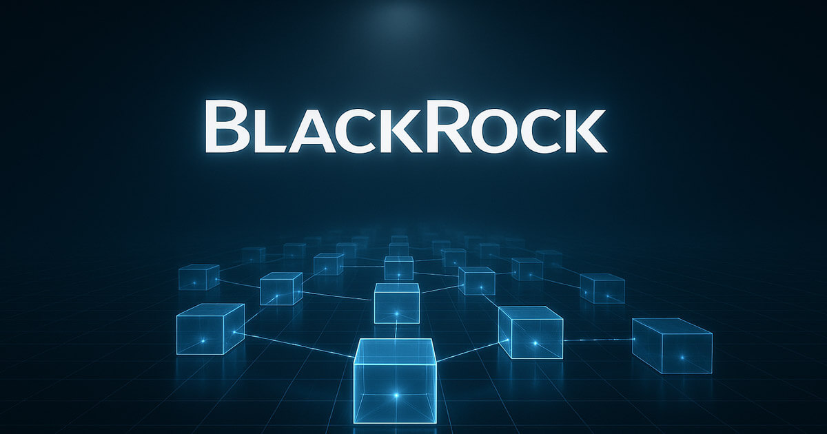 A digital illustration shows BlackRock’s name above a network of glowing blockchain cubes, symbolizing its move to tokenize ETF shares - Cover art/illustration via CryptoSlate.