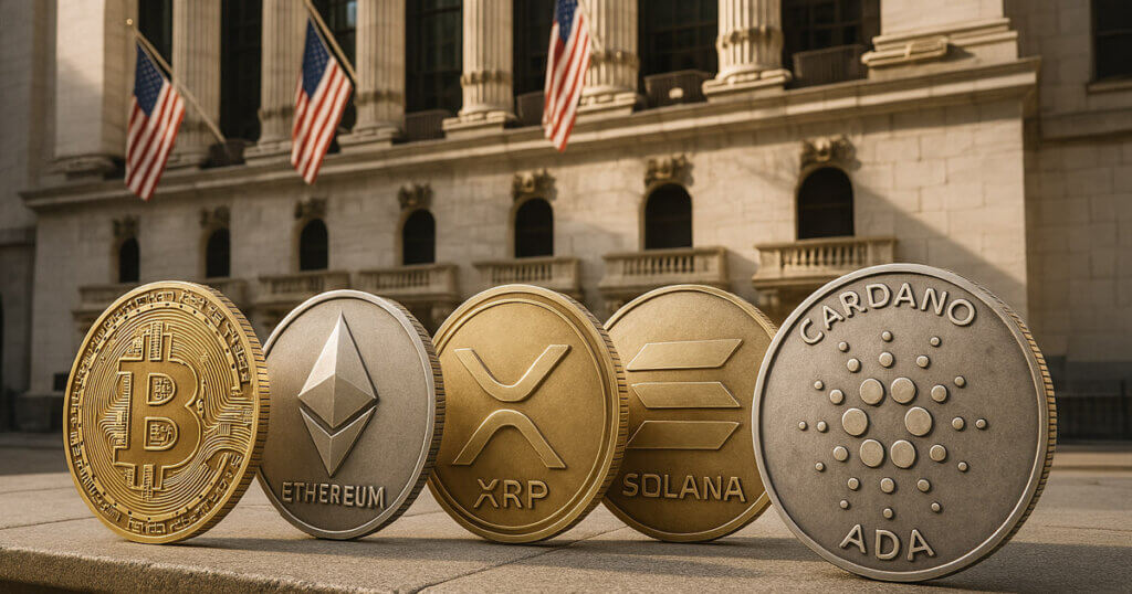A row of large Bitcoin, Ethereum, XRP, Solana, and Cardano coins is displayed outside the New York Stock Exchange with U.S. flags - Cover art/illustration via CryptoSlate.