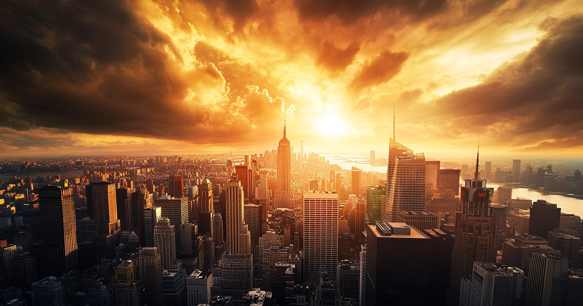 The image shows a dramatic view of New York City’s skyline under a fiery sunset with clouds above the Empire State Building and surrounding skyscrapers - Cover art/illustration via CryptoSlate.