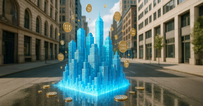 A digital city skyline made of glowing blue blocks is surrounded by tokenized coins, symbolizing the rise of real-world asset tokenization - Cover art/illustration via CryptoSlate. Image includes combined content which may include AI-generated content