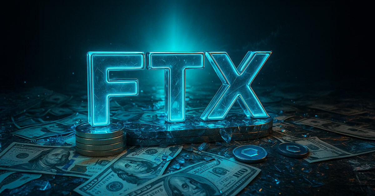 A glowing “FTX” sign is shown with dollar bills and crypto tokens scattered around, symbolizing the exchange’s financial settlements - Cover art/illustration via CryptoSlate.