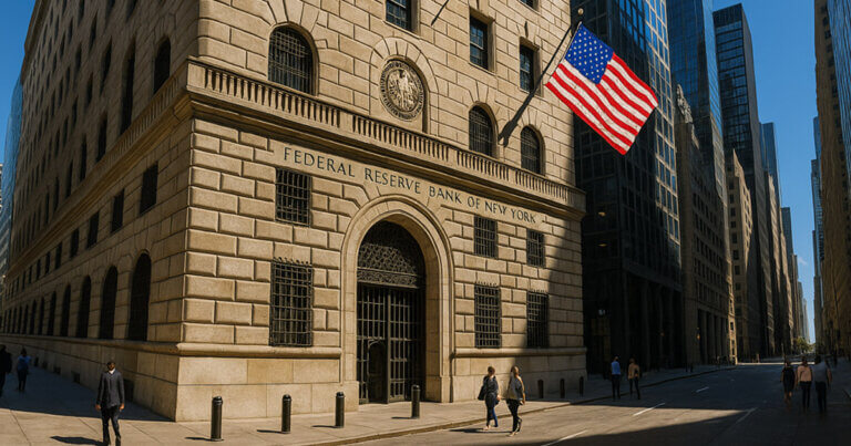 A view of the Federal Reserve Bank of New York building with the U.S. flag displayed, highlighting the Fed’s role in payments innovation discussions - Cover art/illustration via CryptoSlate.